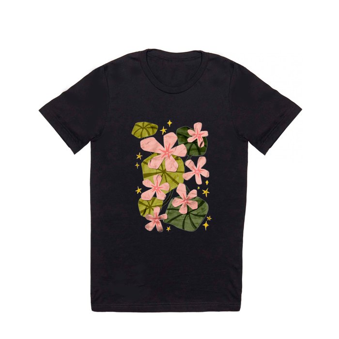 Pink Flower and Green Lotus leaves, texture and Paper Cutout T Shirt