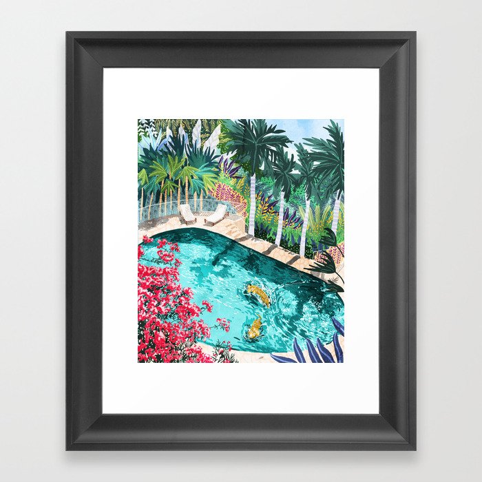 Luxury Tiger Villa illustration, Architecture Travel Nature Painting, Hotel Landscape Garden Framed Art Print