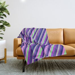 [ Thumbnail: Colorful Light Green, Dark Orchid, Dark Slate Blue, Midnight Blue, Violet Colored Striped Pattern Throw Blanket ]