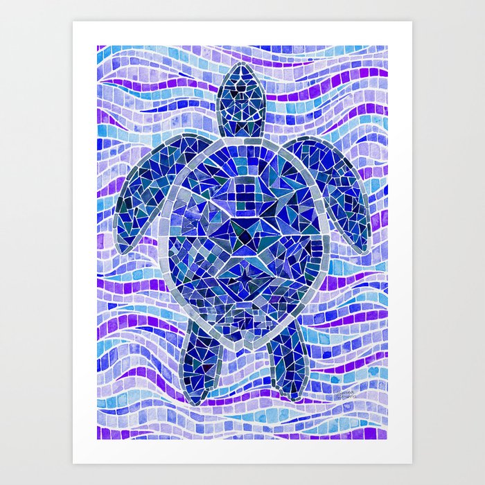Mosaic Watercolor Sea Turtle - Blue & Violet Art Print