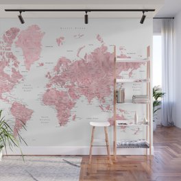 Light pink, muted pink and dusty pink watercolor world map with cities Wall Mural