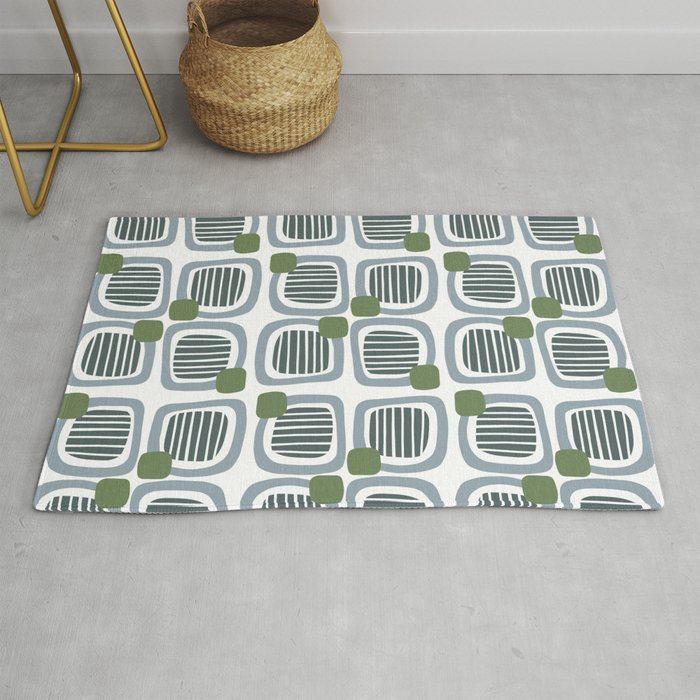 Blue and Green Mid Century Modern Playful Squares  Rug