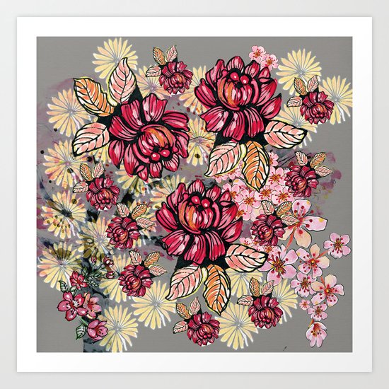 Roses and cherry blossom pattern Art Print