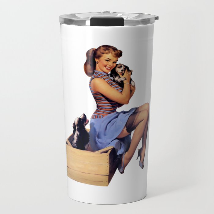Brunette Pin Up Blue Skirt And Shoes Two Dogs Puppies Travel Mug