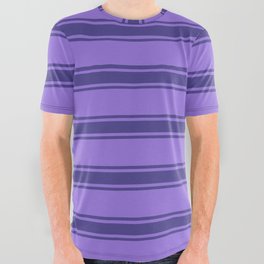 [ Thumbnail: Purple and Dark Slate Blue Colored Pattern of Stripes All Over Graphic Tee ]