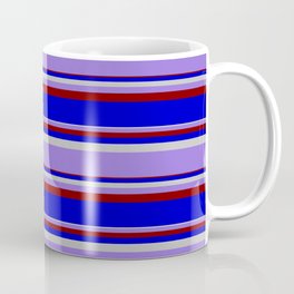 [ Thumbnail: Grey, Purple, Maroon & Blue Colored Lined/Striped Pattern Coffee Mug ]