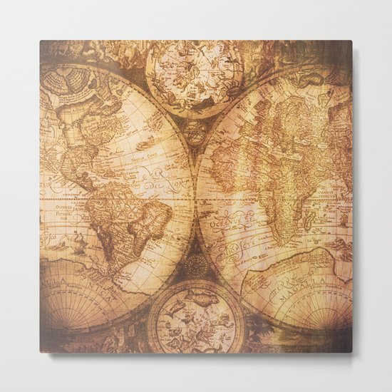 Antique World Map on Wood Metal Print