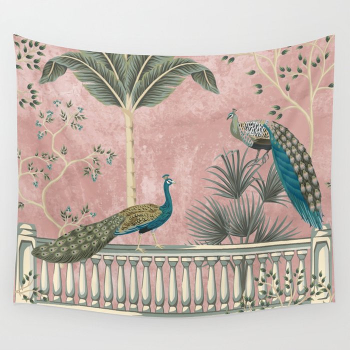 Chinoiserie Blush Pink Peacock Palm Fresco Garden  Wall Tapestry