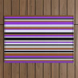 [ Thumbnail: Grey, Brown, Purple, Lavender & Black Colored Pattern of Stripes Outdoor Rug ]