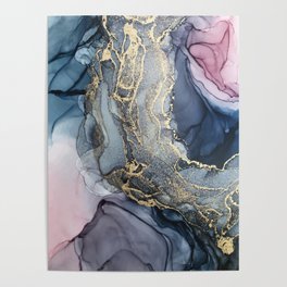 Blush, Payne's Gray and Gold Metallic Abstract Poster