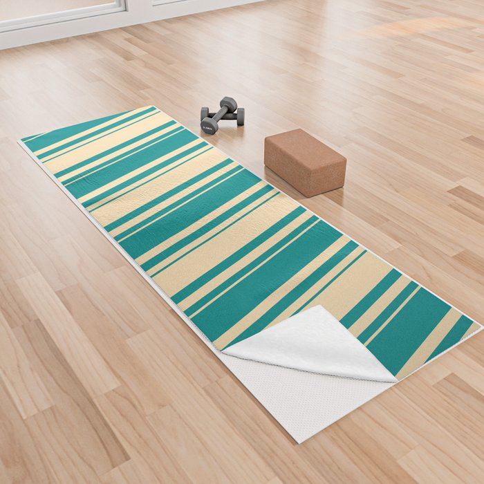 Beige & Dark Cyan Colored Lines/Stripes Pattern Yoga Towel
