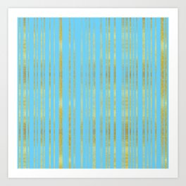 Golden and Cyan Stripes Pattern, Luxury Print in Turquoise Color and Gold   Art Print