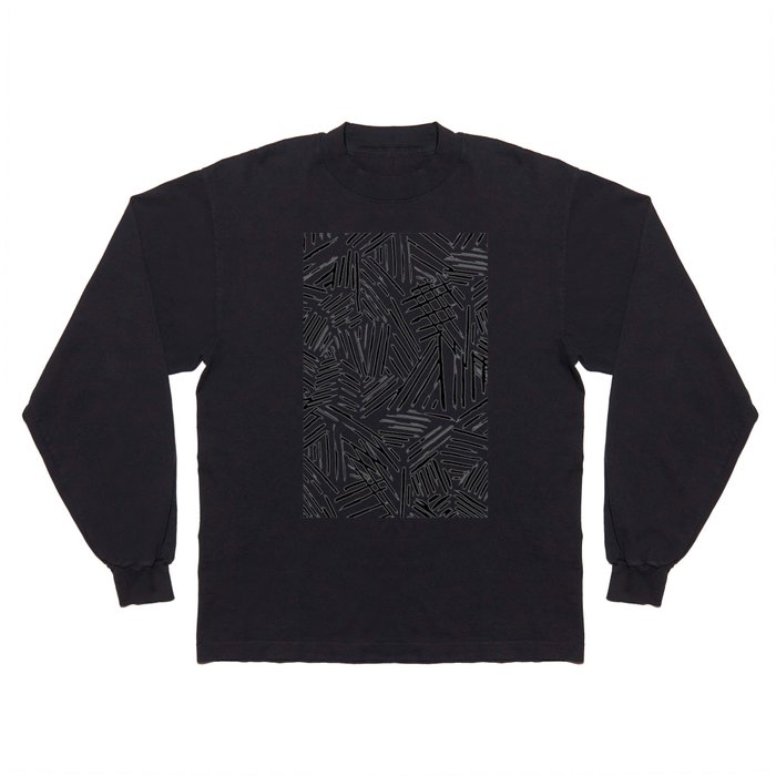 Black White Abstract Linear drawn Lines Pattern Long Sleeve T Shirt