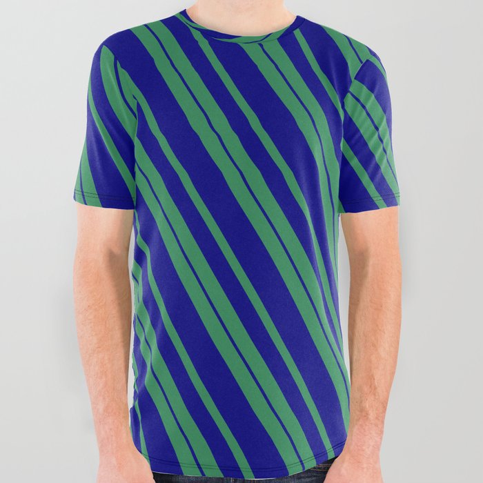 Sea Green & Blue Colored Lines/Stripes Pattern All Over Graphic Tee