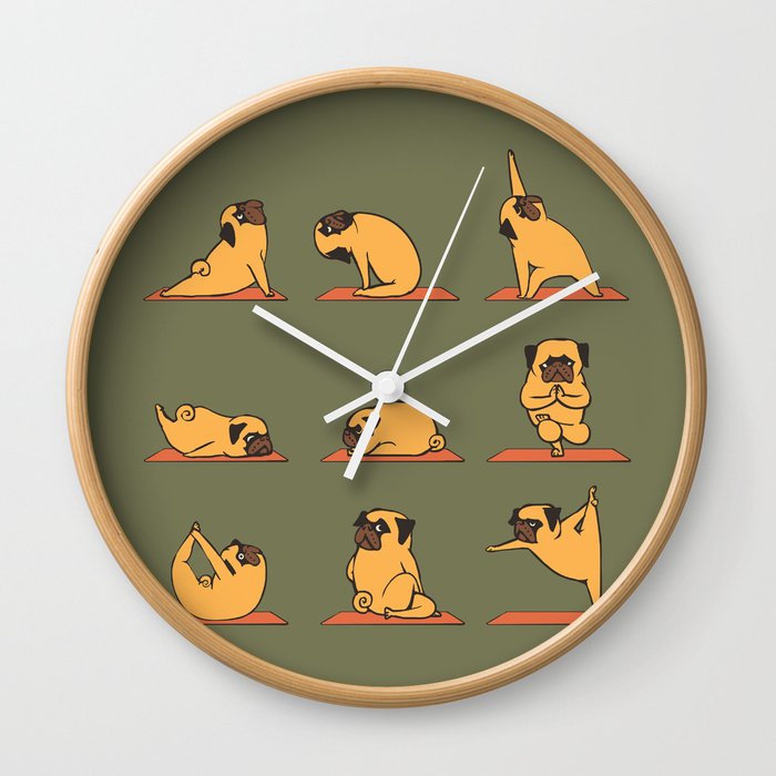 Pug Yoga In Khaki Wall Clock