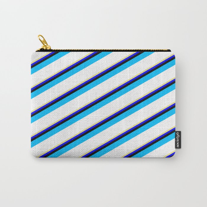 Vibrant Tan, Blue, Black, Deep Sky Blue, and White Colored Striped/Lined Pattern Carry-All Pouch