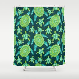 Seamless pattern with green ornament turtles. Sea reptile animal illustration background.  Shower Curtain