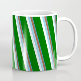 [ Thumbnail: Eyecatching Blue, Sienna, Sky Blue, Mint Cream & Dark Green Colored Stripes/Lines Pattern Coffee Mug ]