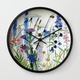 Wildflower in Garden Watercolor Flower Illustration Painting Wall Clock | Ink, Original, Flowers, Wildflowers, Fern, Larkspur, Watercolor, Bees, Blueflowers, Illustration 
