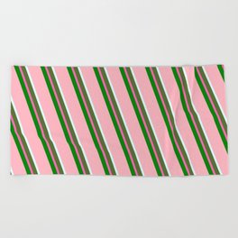 [ Thumbnail: Eyecatching Light Pink, Light Cyan, Dark Olive Green, Hot Pink & Green Colored Striped Pattern Beach Towel ]