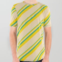 [ Thumbnail: Sea Green, Yellow & Tan Colored Lines/Stripes Pattern All Over Graphic Tee ]