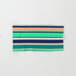 [ Thumbnail: Vibrant Light Salmon, Green, Midnight Blue, Teal, and Bisque Colored Pattern of Stripes Hand & Bath Towel ]