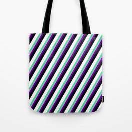 [ Thumbnail: Vibrant Green, Violet, Indigo, Black, and White Colored Striped/Lined Pattern Tote Bag ]
