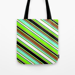 [ Thumbnail: Aquamarine, Chartreuse, Brown, White, and Black Colored Striped/Lined Pattern Tote Bag ]