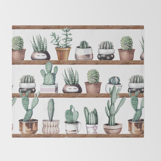 Cactus Shelf Rose Gold Green Throw Blanket by Nature