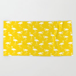 White flamingo silhouettes seamless pattern on yellow background Beach Towel