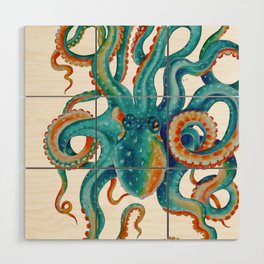 Octopus Teal Watercolor Ink Wood Wall Art