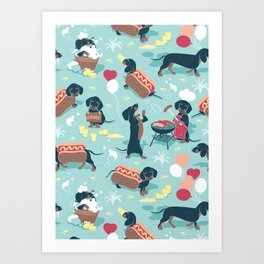 Hot dogs and lemonade // aqua background navy dachshunds Art Print