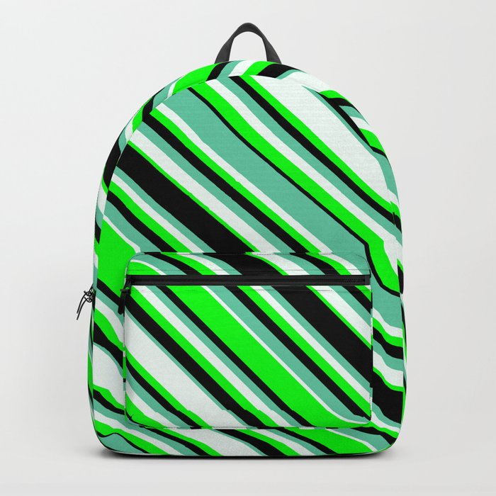 Aquamarine, Mint Cream, Lime, and Black Colored Pattern of Stripes Backpack