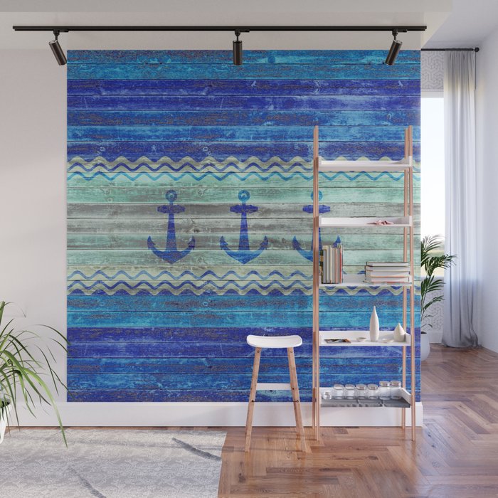 Rustic Navy Blue Coastal Decor Anchors Wall Mural By