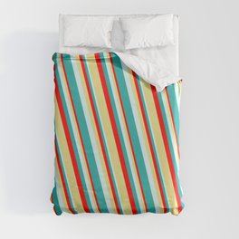 [ Thumbnail: Red, Tan, Light Cyan, and Light Sea Green Colored Lined/Striped Pattern Duvet Cover ]