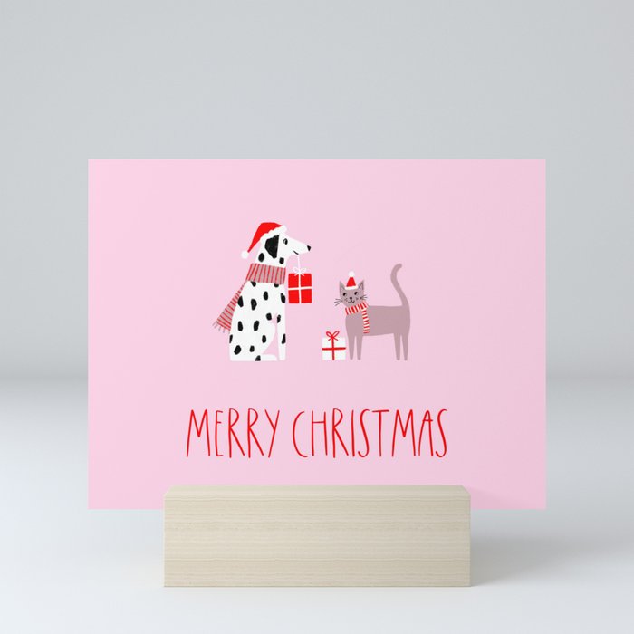 Merry Christmas / dog and cat greeting card Mini Art Print