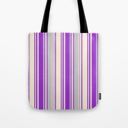 [ Thumbnail: Grey, Dark Orchid & Beige Colored Stripes/Lines Pattern Tote Bag ]