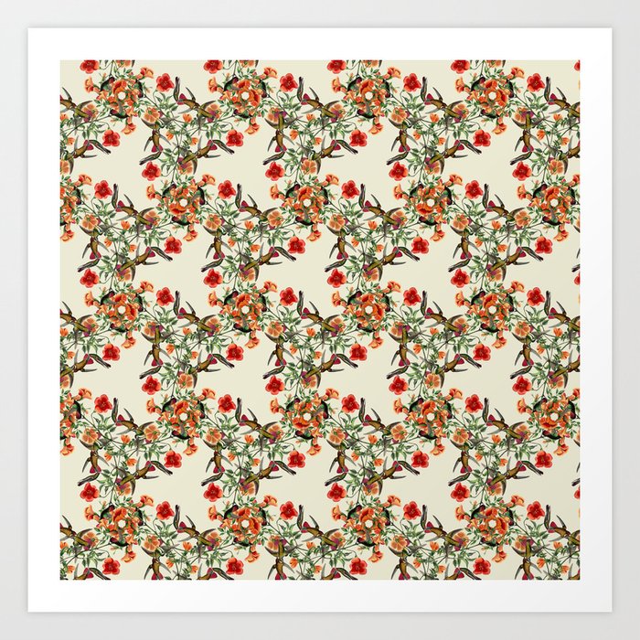  Vintage Birds and Flowers Kaleidoscopic Pattern (off-white background) Art Print