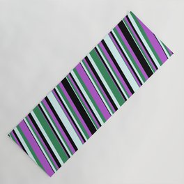 [ Thumbnail: Orchid, Black, Light Cyan, and Sea Green Colored Lined/Striped Pattern Yoga Mat ]