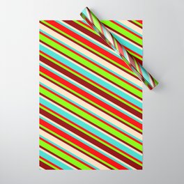 [ Thumbnail: Colorful Turquoise, Red, Chartreuse, Dark Red & Bisque Colored Striped/Lined Pattern Wrapping Paper ]