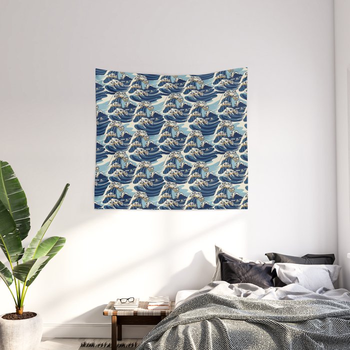 The Great Wave of Pug Pattern Wall Tapestry by Huebucket Society6