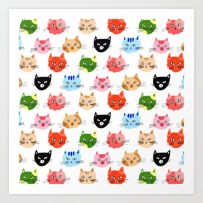 Cat faces pattern in gouache Art Print