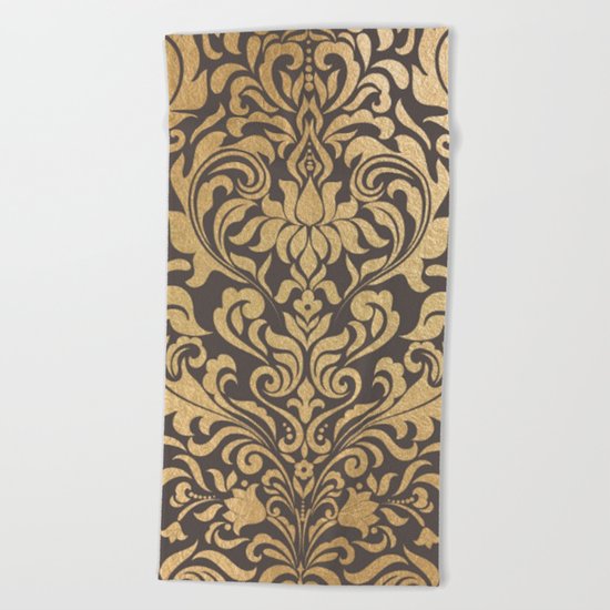 Gold swirls damask #9 Beach Towel