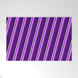 [ Thumbnail: Eyecatching Dark Orchid, Violet, Indigo, Black & White Colored Stripes/Lines Pattern Welcome Mat ]