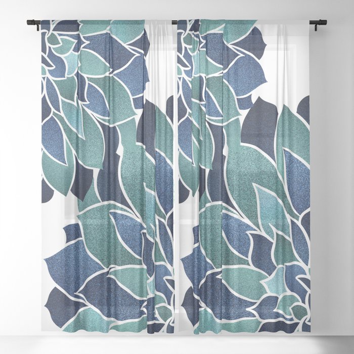 Festive, Floral Prints, Navy Blue and Teal on White Sheer Curtain