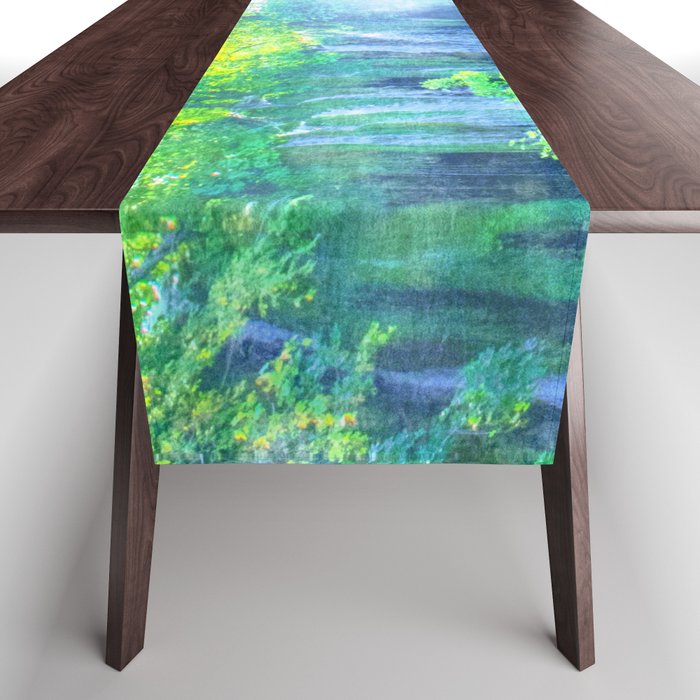 waterfall stream impressionism painted realistic scene Table Runner