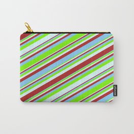 [ Thumbnail: Red, Light Sky Blue, Green, and Light Cyan Colored Striped/Lined Pattern Carry-All Pouch ]