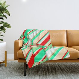 [ Thumbnail: Colorful Red, Light Green, Green, Mint Cream, and Beige Colored Striped Pattern Throw Blanket ]