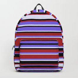 [ Thumbnail: Red, Medium Slate Blue, Lavender, and Black Colored Stripes/Lines Pattern Backpack ]
