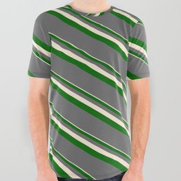 [ Thumbnail: Beige, Dark Green & Dim Grey Colored Lines/Stripes Pattern All Over Graphic Tee ]